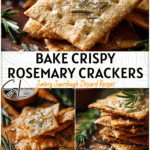 Golden rosemary sea salt savory sourdough crackers arranged on a wooden board with herbs and sea salt sprinkles